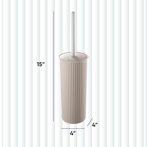 Superio Ribbed Collection - Decorative Plastic Toilet Bowl Brush and Holder Set, Taupe (1 Pack) Cleaner Scrubber for Bathroom