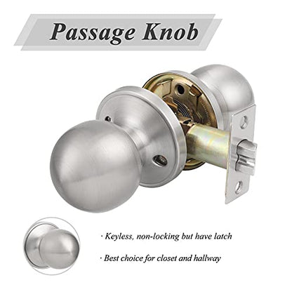 Probrico Brushed Nickel Passage Door Handles, Round Indoor Hallway Closet Door Knob, Keyless Interior Door Handles with Lock, 2Pack