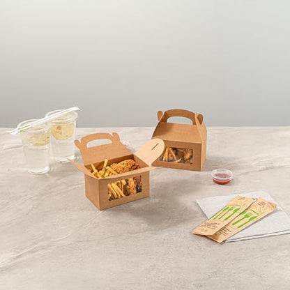 Restaurantware Gable Gift Boxes Pack of 25 Greaseproof Paper Treat Boxes 6 x 3.5 x 3.5 Inches With Window, Disposable Design Kraft Containers for Weddings or Birthdays