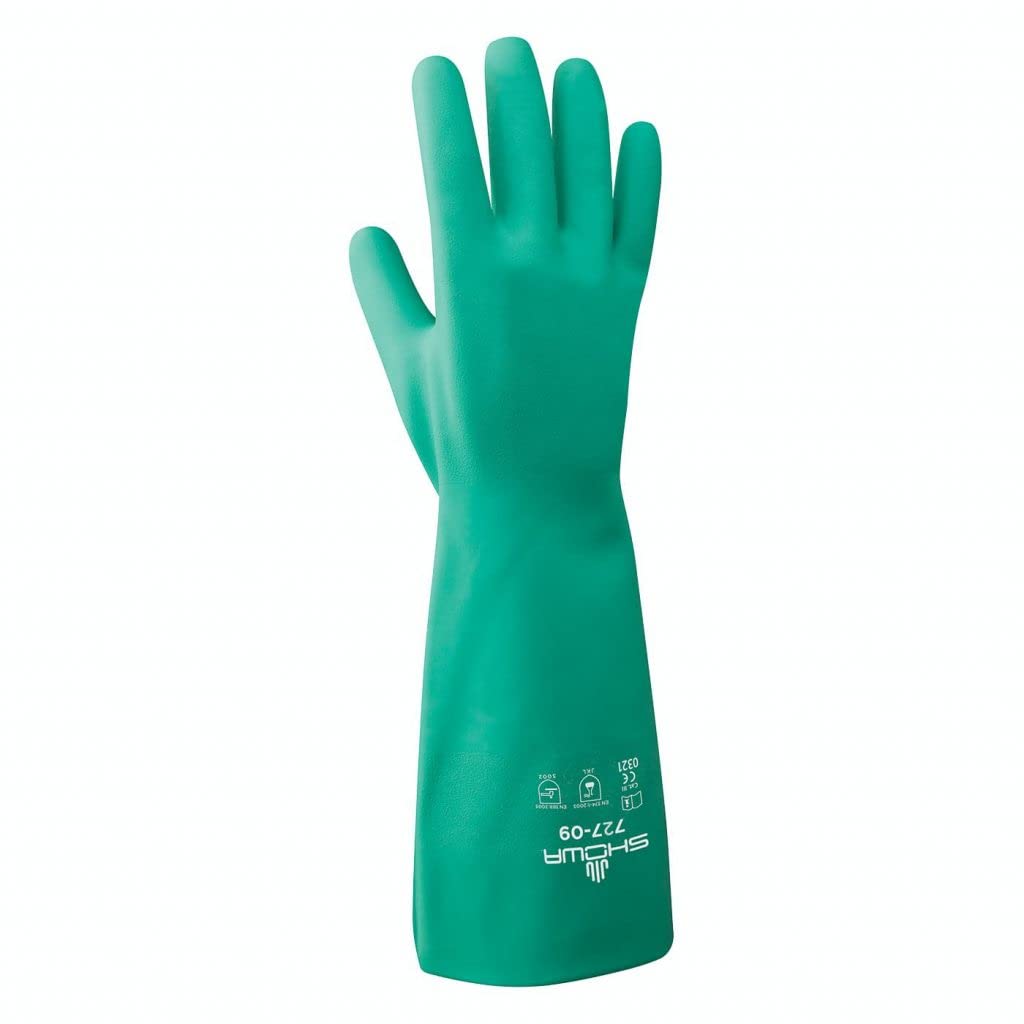 SHOWA 727 Unlined Chemical Resistant Nitrile Safety Work Glove, 13" Length, 15-mil, Large (Pack of 12 Pairs)