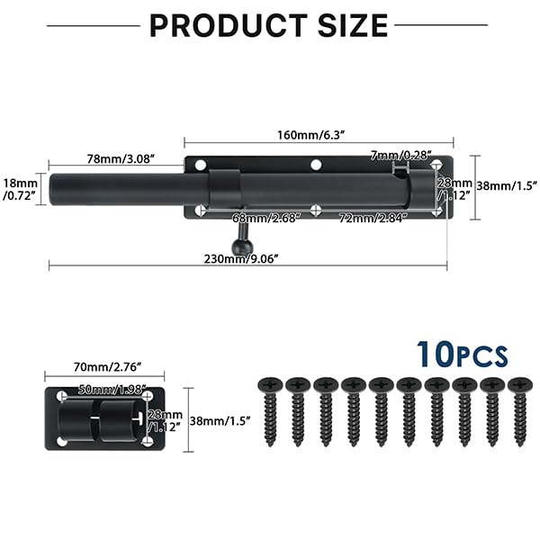 SAYAYO Sliding Bolt Gate Latch, 9 Inch Door Lock Latch Heavy Duty, Black Slide Bolt Latch with Padlock Hole，Stainless Steel Barrel Bolt Latch for Shed Lock Wooden Garden Gates
