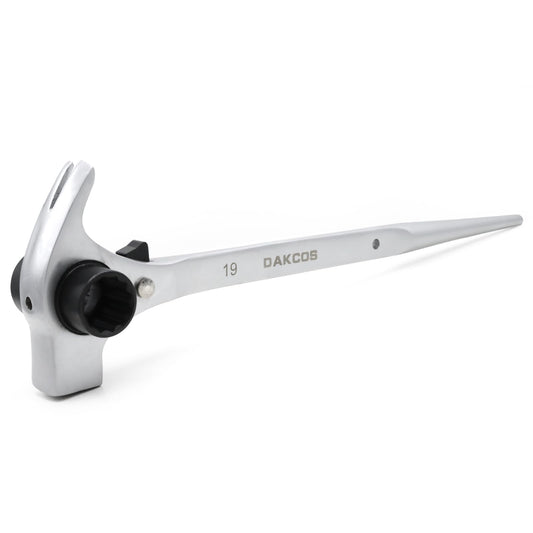 DAKCOS 4-in-1 Ratchet Podger Wrench, 19x22mm Multifunctional Scaffold Ratchet Spanner with Pry bar, Hammer & Claw Nail Puller (Silver)