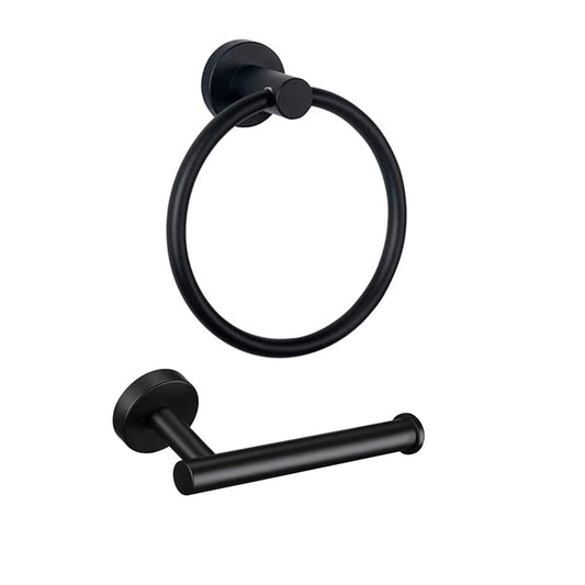 FAIRGIA Black Bathroom Hardware, 2 Pieces Stainless Steel Bathroom Accessories Set Including Black Toilet Paper Holder and Black Towel Ring, Wall Mount..