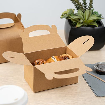 Restaurantware Kraft Gable Boxes 25 Count 6 x 3.5 x 3.5 Inches Paper Gift Boxes Greaseproof With Handles Recyclable Favor Boxes For Birthdays Weddings Baby Showers Brown