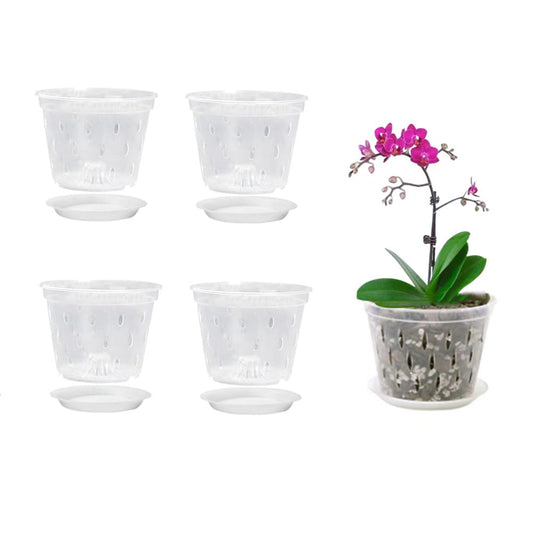 Naisfei 4 Packs Orchid Pot, Clear Orchid Pots for Repotting,7 inch Clear Orchid Pot with Holes and Saucers, Breathable Slotted Orchid Planters, Flower Plant Pots Indoor and Outdoor
