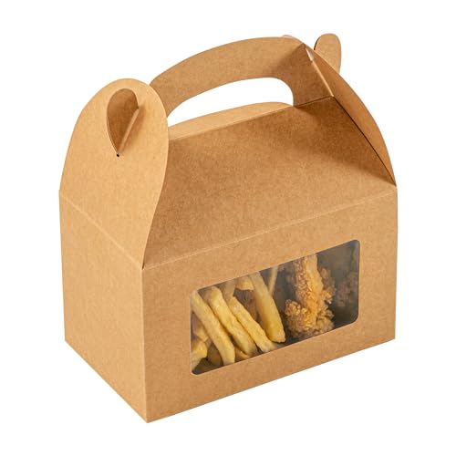 Restaurantware Gable Gift Boxes Pack of 25 Greaseproof Paper Treat Boxes 6 x 3.5 x 3.5 Inches With Window, Disposable Design Kraft Containers for Weddings or Birthdays