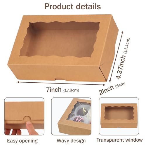 OSPAKTEK50pcs 7x4.3x2 Inches Brown Bakery Boxes for Cookies, Strawberries, Cake Pops, Truffles, Cakesickles, Charcuterie - Christmas, Valentine's, Mother's Day