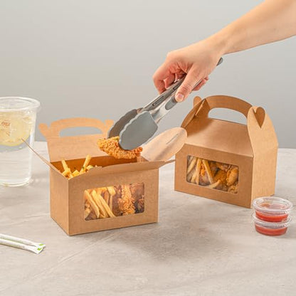 Restaurantware Gable Gift Boxes Pack of 25 Greaseproof Paper Treat Boxes 6 x 3.5 x 3.5 Inches With Window, Disposable Design Kraft Containers for Weddings or Birthdays