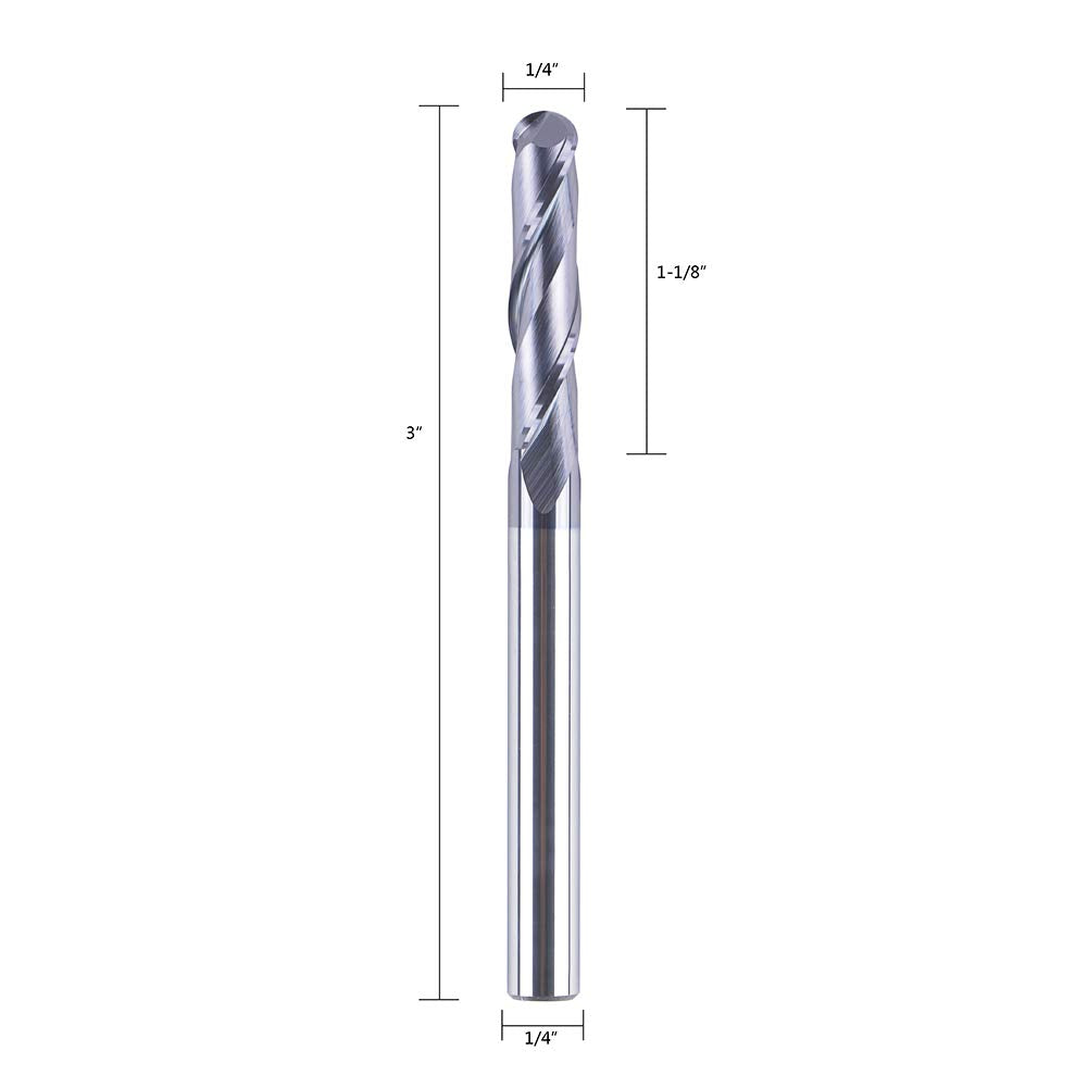 SpeTool 14411 Ball Nose Carbide End Mill CNC Cutter Router Bits Double Flute Spiral Milling Tool 1/4 Inch Shank with 3 Inch OVL