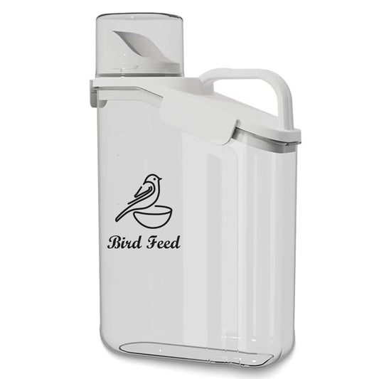 Brabtod Bird Seed Storage Container Portable-3 Qt/2.8 L Clear Plastic Pet Food Container-with Measuring Cup,Airtight Wild Bird Seed Dispenser for Storing Sunflower Seed|Squirrel proof|BPA Free-White