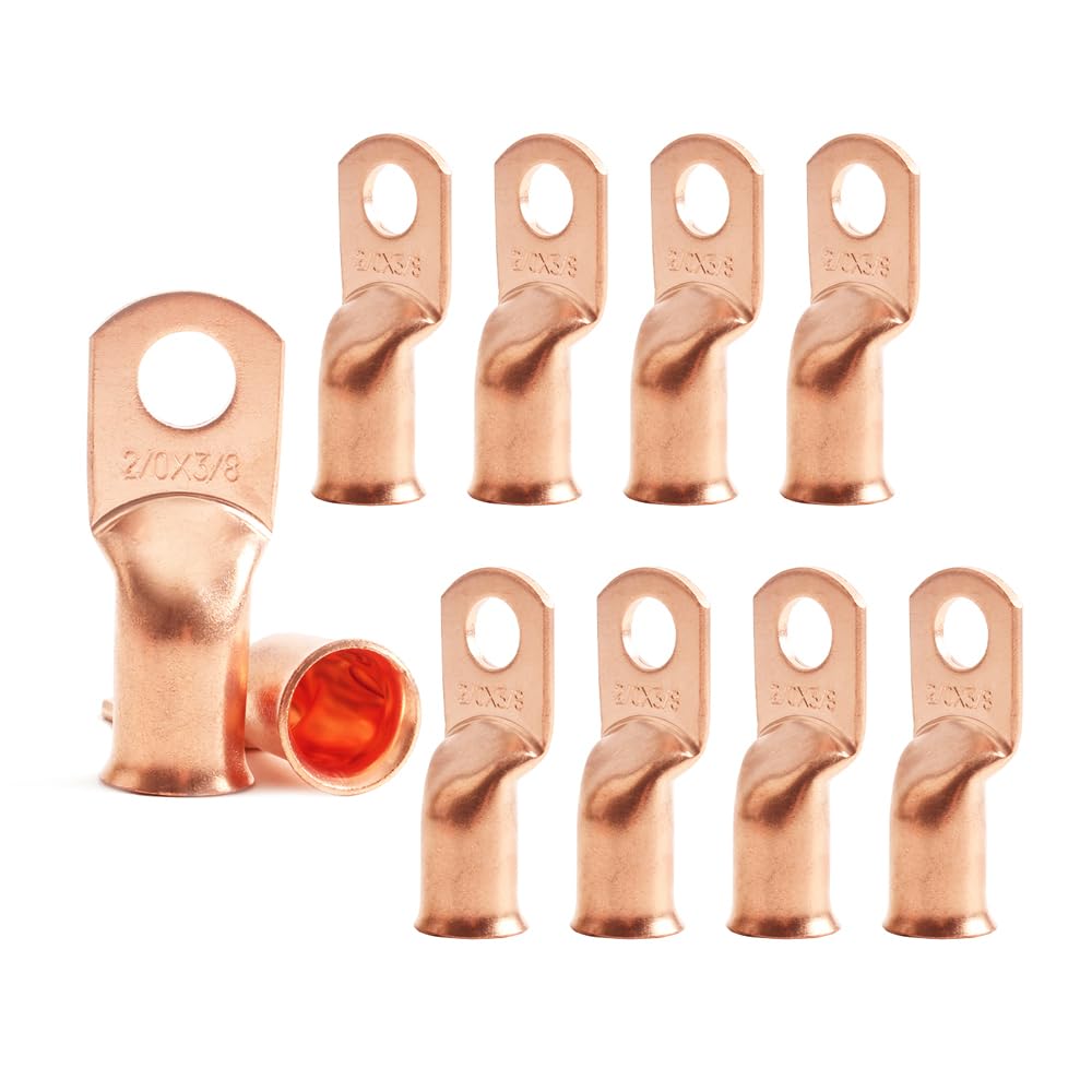 2/0 AWG 3/8" Stud (10 pcs.), Heavy Duty Battery Ring Terminal, 00 Gauge Connectors, 2/0 Copper Wire Lugs, Copper Ring Terminals, Battery Cable Ends, Bare Copper, Tubular Ring Terminal Connectors