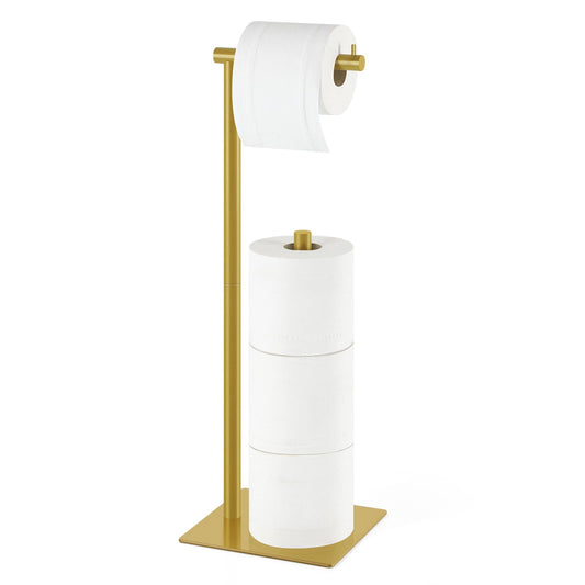 Toilet Paper Holder Stand Flash Gold Free Standing TP Holder, Metal Toilet Paper Roll Holder with Reserve Bathroom Tissue Storage Holder, Beige Gold