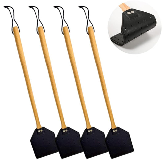 4 Pcs Leather Fly Swatter with Wood Handle,Leather Flyswatter Manual Heavy Duty Fly Swatter,Durable Duty Fly Insects Catcher for Home Indoor Outdoor Kitchen for Spiders, Flies, Bees, Mosquitoes