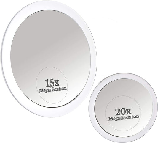 15X & 20X Magnifying Mirror Set - Two Round Circle Magnifying Make Up Mirrors with Suction Cups - Compact & Portable for Travel - 15cm & 10cm