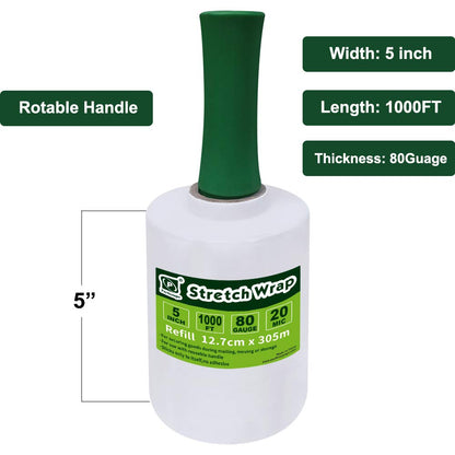 PERFECTAPE Transparent Stretch Wrap Film 5" x 1000feet, 80 Gauge, Hand-held, 2-Pack(2000ft length total) with 1 Handle, for Wrapping, Moving