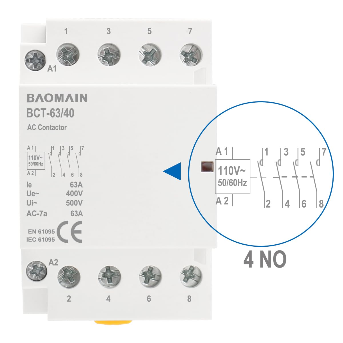 Baomain 110V AC 4-Pole Modular Contactor, 63A 4NC Normally Closed, DIN Rail Mount for HVAC, Motor, Pump & Lighting Control BCT-63/04-110VAC
