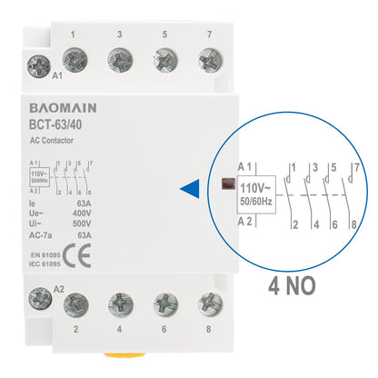 Baomain 110V AC 4-Pole Modular Contactor, 63A 4NC Normally Closed, DIN Rail Mount for HVAC, Motor, Pump & Lighting Control BCT-63/04-110VAC