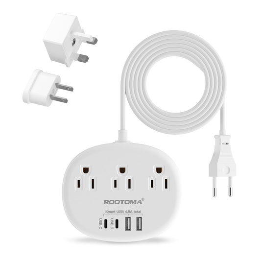 European/UK/US Travel Plug Adapter with USB C, 3 AC Outlets 4 USB Ports (4.8A/24W) Universal Travel Power Bar for EU Spain UK lreland US Canada, 3Ft