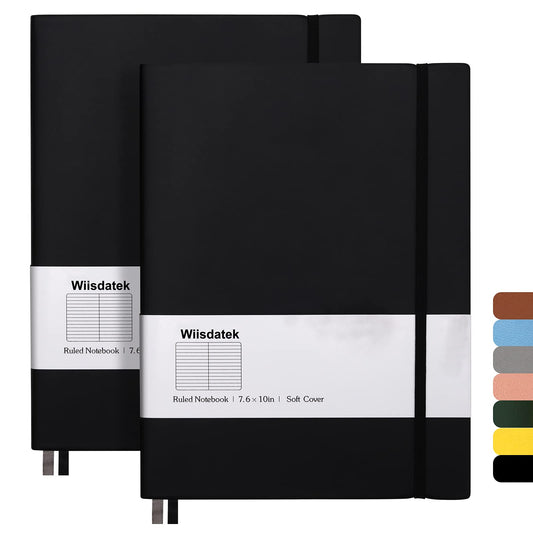 Wiisdatek B5 College Ruled Notebook Softcover Journals(2-Pack) - Large Composition Notebook 7.6 x 10 inch with 100gsm Thick Lined Paper, Total 376 Numbered Pages (Black)