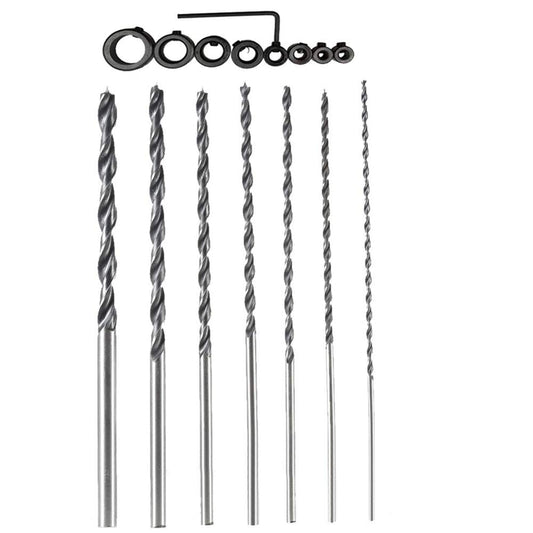OSOF 7Pcs 12" Extra Long Wood Drill Bit 4/5/6/7/8/10/12mm 300mm Brad Point Wood Working Tool + 8Pcs Drill Stop Set for 1/8,3/16,1/4,5/16,3/8,7/16,1/2,5/8inch Diam Drill Depth Stop Collar Ring Bit