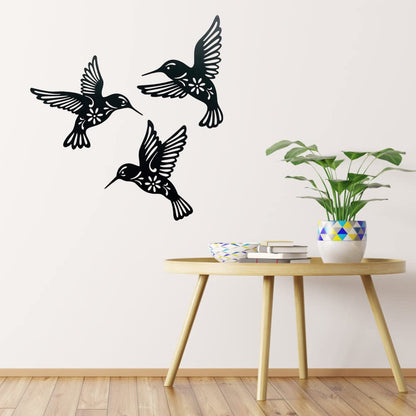 3 Pieces Metal Hummingbird Wall Art Decor, Hollow Out Iron Bird Sculpture, Indoor & Outdoor Wall Hanging Figurines for Garden, Living Room, Bedroom (Black)