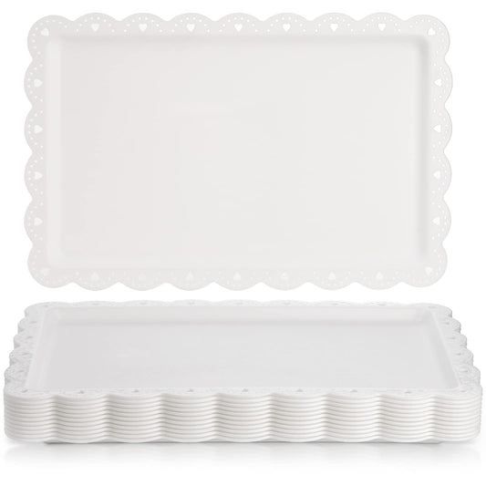 Peohud 12 Pack White Plastic Serving Food Tray, Disposable Serving Platters with Lace Rim, Rectangle Food Trays, Disposable Serving Platters and Trays for Party, Wedding, Restaurant, 14.4" x 9.3"