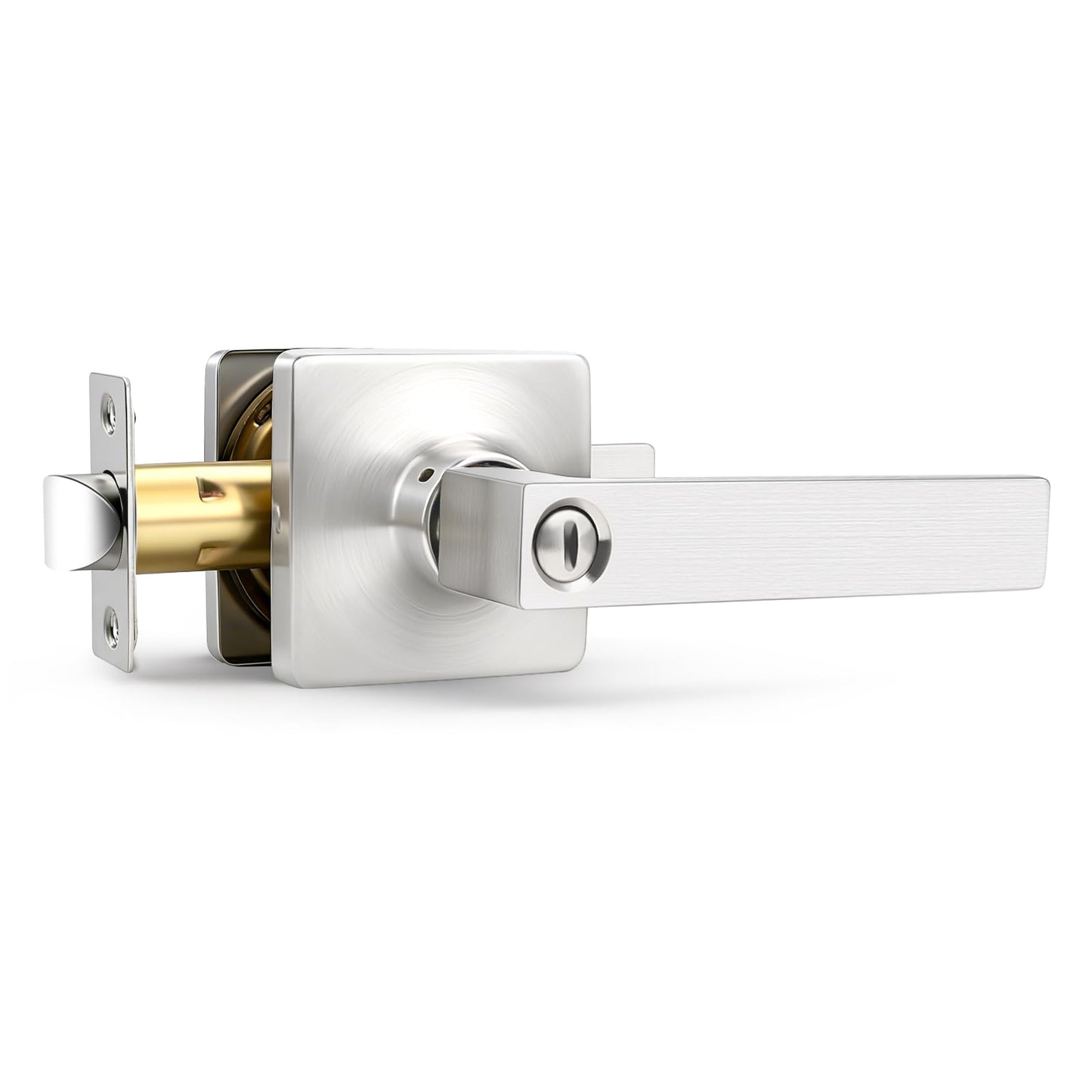 GOBEKOR 1 Pack Square Satin Nickel Privacy Door Lever,Keyless Door Handle Interior Use,Bathroom/Bedroom Door Lock (Thumb Turn,No Key),Reversible for Right or Left Side Door Handle Lock