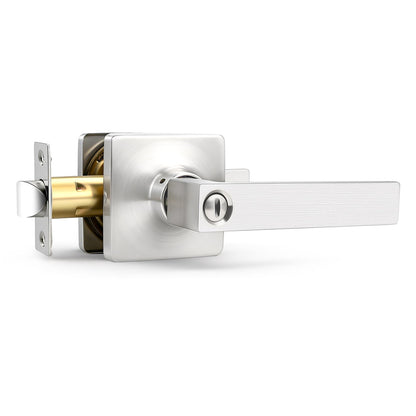 GOBEKOR 1 Pack Square Satin Nickel Privacy Door Lever,Keyless Door Handle Interior Use,Bathroom/Bedroom Door Lock (Thumb Turn,No Key),Reversible for Right or Left Side Door Handle Lock