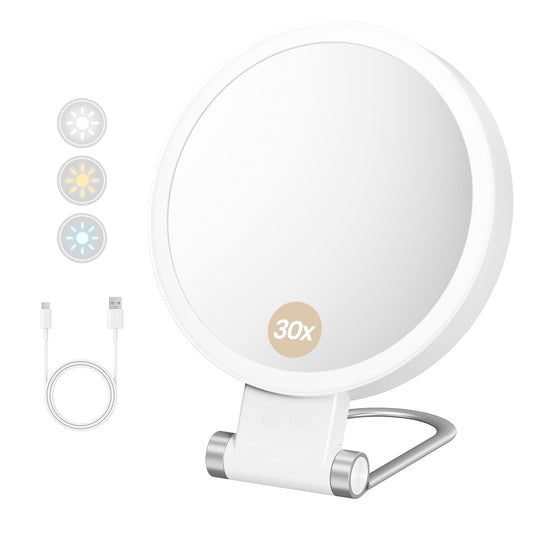 Mustry 1X/30X Magnifying Mirror with Light, Double-Sided Vanity Mirror with Adjustable Folding Handle, Rechargeable Makeup Mirror for Travel