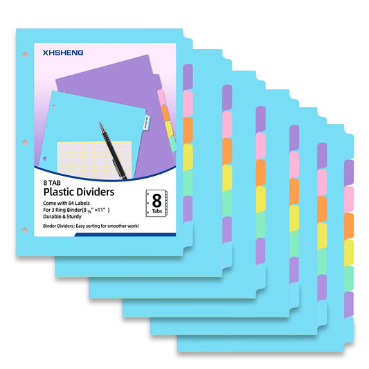 3 Ring Binder Dividers with TAB,48PCS/6 Set Plastic File Dividers,8 Tab 3 Hole Punch Dividers,Pastel Color,Letter Size,6 Sets