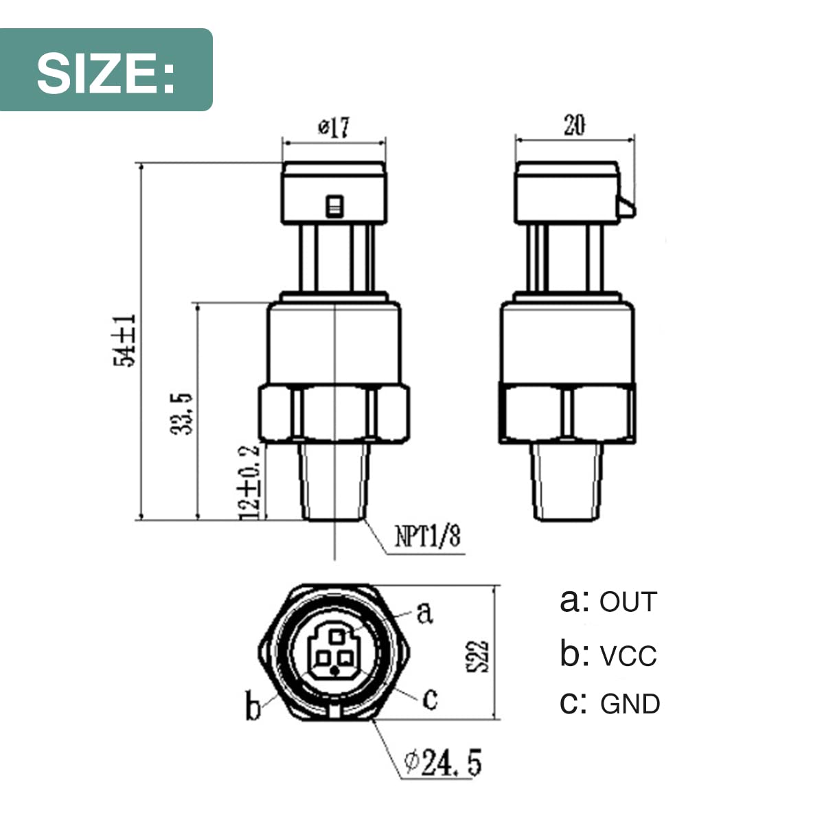 Pressure Transducer Sender Sensor with Connector, 1/8"NPT Thread Stainless Steel Fuel Pressure Sensor for Oil Fuel Air Water (100PSI)