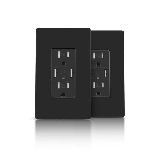 TOPELER 4.8A Black USB Charging Power Outlet, 15 Amp Duplex Tamper Resistant Receptacle, Electrical Socket with Dual USB-A Ports, Wall Screwless Plate Included, UL & FCC Approval