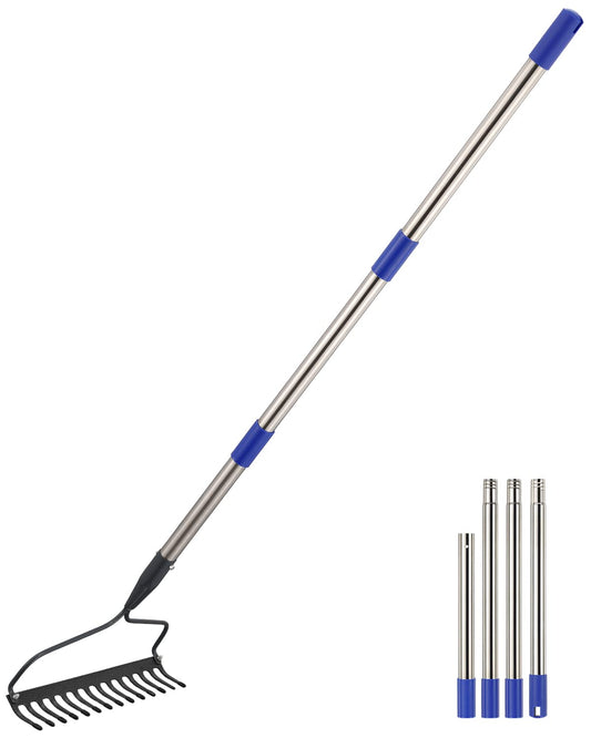 Garden Rake, 6FT Bow Rake with Adjustable Long Handle, 14 Metal Tines Metal Head Garden Rake for Loosening Soil Gathering Leaf Leveling Lawn Farming Land Management Yard Thatch Rake