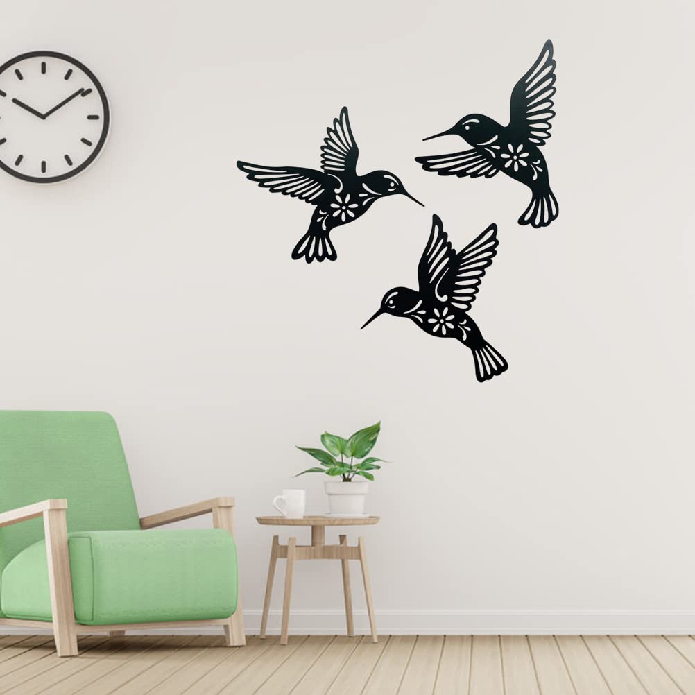 3 Pieces Metal Hummingbird Wall Art Decor, Hollow Out Iron Bird Sculpture, Indoor & Outdoor Wall Hanging Figurines for Garden, Living Room, Bedroom (Black)