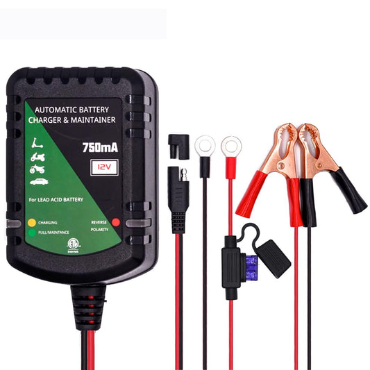 12 Volt Battery Charger 750mA Automatic Battery maintainer trickle Battery Charger for Automotive car Motorcycle Lawn Mower Boat ATV Sealed Lead Acid Batteries