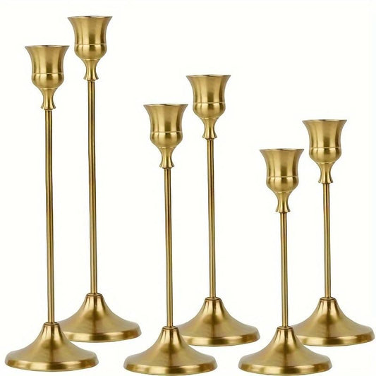 Set of 6 Brass Gold Metal Taper Candle Holders, Vintage Candle Stick Holder, Decorative Candles for Dinner Room Table Centerpiece, Wedding, Mantel Decoration, Home Decor (Brass Gold)