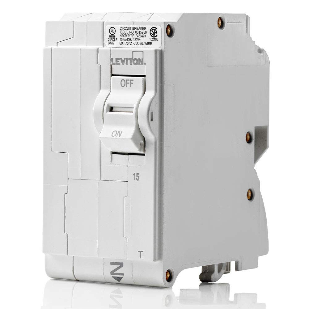 Leviton LB215-T 15A 2-Pole Plug-On Standard Branch Circuit Breaker, Thermal Magnetic, 120/240 VAC, White