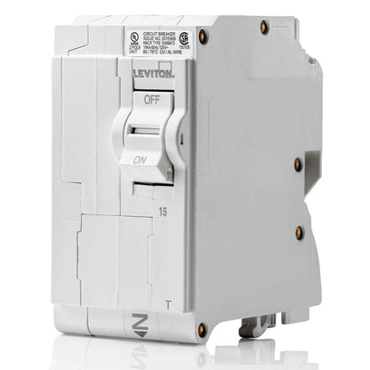 Leviton LB215-T 15A 2-Pole Plug-On Standard Branch Circuit Breaker, Thermal Magnetic, 120/240 VAC, White