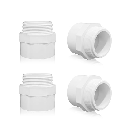 QruiLanTu 4Pcs 1 1/2" White 2-Way PVC Pipe Coupling Adapter Hex Nipple NPT Male Thread Pipe Coupling Adapter Connectors for 1 1/2 Inch PVC Pipe Socket x NPT Male