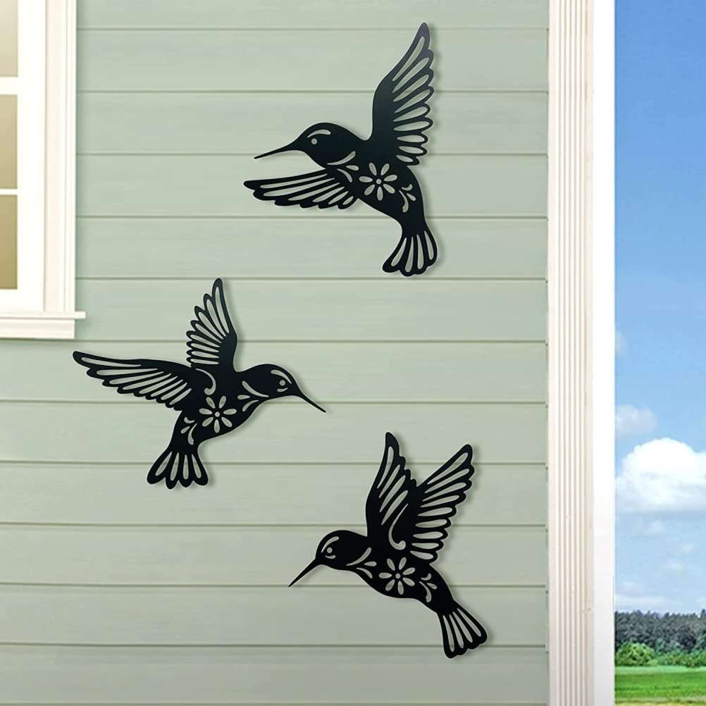 3 Pieces Metal Hummingbird Wall Art Decor, Hollow Out Iron Bird Sculpture, Indoor & Outdoor Wall Hanging Figurines for Garden, Living Room, Bedroom (Black)
