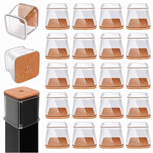 Chair Leg Floor Protectors Square for Hardwood Floors Silicone Covers to Protect Wood Tile Floors Scratches Felt Pads Furniture Leg Caps Reduce Noise Clear - 32 Pcs (Fit:1-1/16" to 1-1/2")