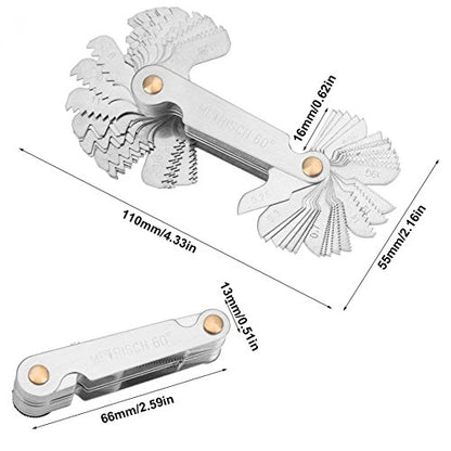 QISF Multi-Purpose 2 Pack Screw Thread Pitch Gauge Tool, Pitch Cutting Gauge Caliper Gages Measuring Tool, 51 Pcs America SAE Type + 58 Pcs Metric & America SAE Type & British Whitworth