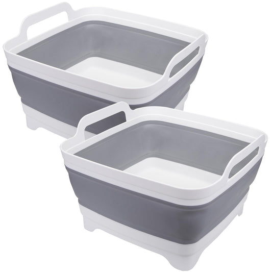 Suwimut 2 Pack Collapsible Wash Basin with Drain Plug Carry Handles, 9L Large Collapsible Sink Tub Portable Dish Tub Foldable Dishpan for Kitchen Sink, Camping Dish Washing Tub, Gray