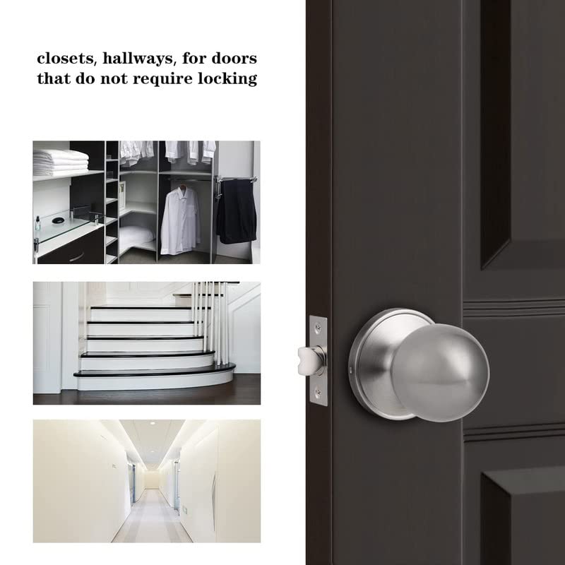 Probrico Brushed Nickel Passage Door Handles, Round Indoor Hallway Closet Door Knob, Keyless Interior Door Handles with Lock, 2Pack