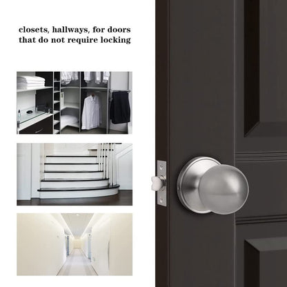 Probrico Brushed Nickel Passage Door Handles, Round Indoor Hallway Closet Door Knob, Keyless Interior Door Handles with Lock, 2Pack
