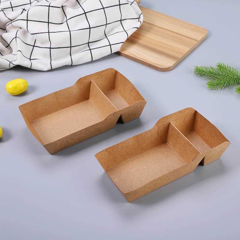 SOUJOY 100 Pack Disposable Kraft Nacho Boat Tray, 2 Compartment Disposable Food Serving Tray, Grease Resistant Heavy Duty Paperboard, Take Out Fast Food Snack Holder Container for Party