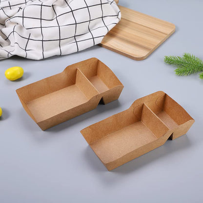 SOUJOY 100 Pack Disposable Kraft Nacho Boat Tray, 2 Compartment Disposable Food Serving Tray, Grease Resistant Heavy Duty Paperboard, Take Out Fast Food Snack Holder Container for Party