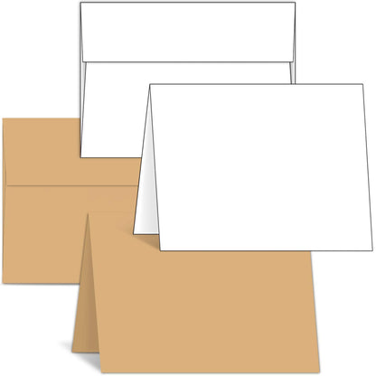 Ohuhu Blank Cards and Envelopes 50 Pack, 25 White+ 25 Kraft, 5 x 7 Heavyweight Folded Cardstock and A7 Envelopes for DIY, Birthday, Thank You & All Occasion Cards