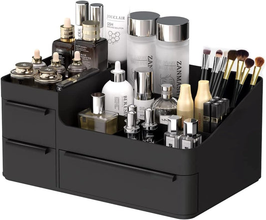 Black Plastic Vanity Makeup Organizer, 6-Compartment Holder for Brushes, Eyeshadow Palettes, & Beauty Supplies, Easy to use with drawer organizer tray