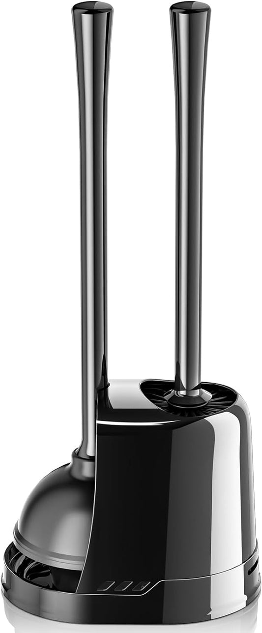 Toilet Plunger and Brush, 2-in-1 Bowl Brush and Heavy Duty Toilet Plunger Set with Ventilated Holder Combo for 5.3-inch Toilet Drain Bathroom Cleaning (Black)